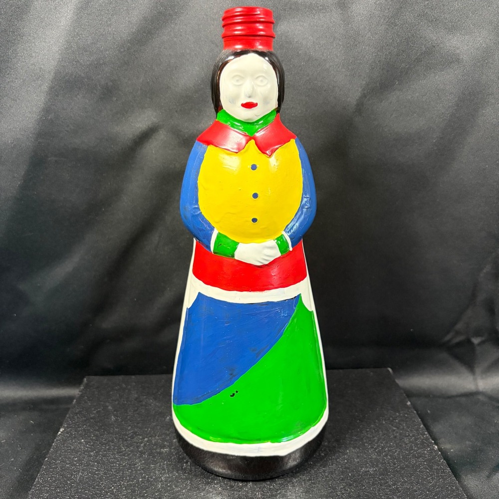 Vintage Hand Painted Glass Figural Bottle Woman Folk Art Mid Century Kitsch 9.5"